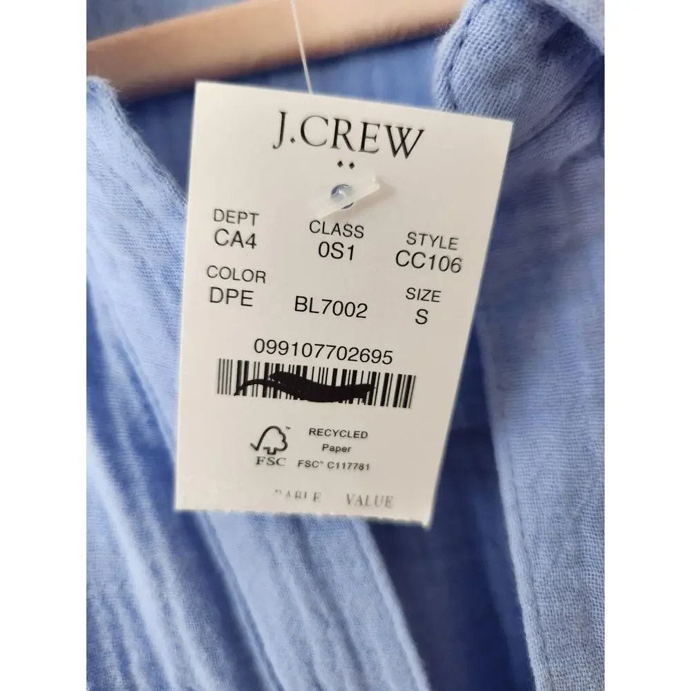 NWT J. Crew Short-Sleeve Gauze Popover Dress 100 % Cotton Blue S *Flaw